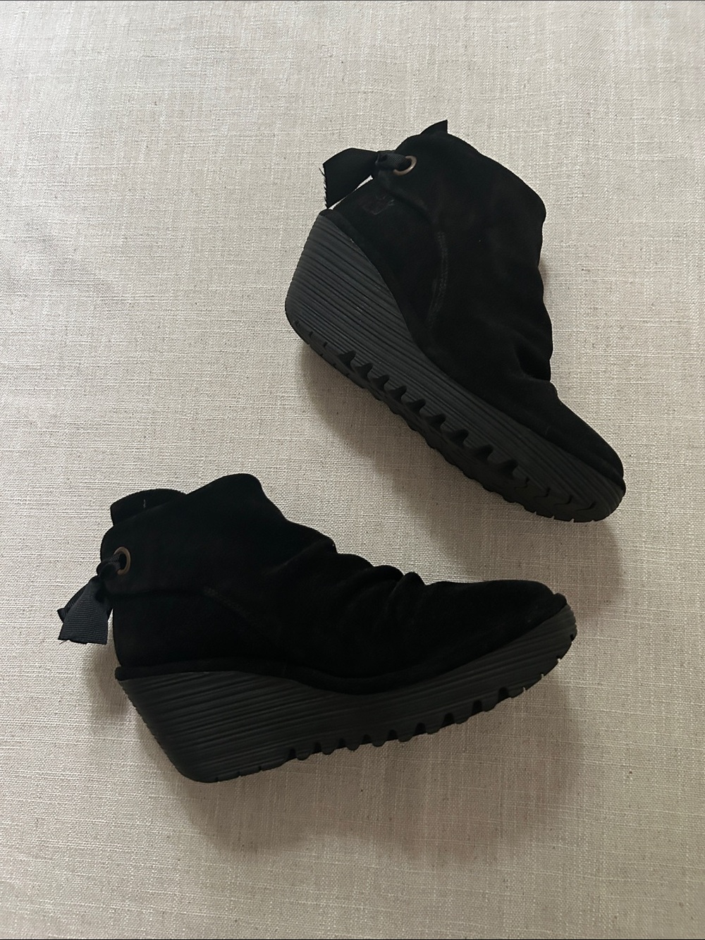 Fly London Yebi Ankle Boot Black Suede Slouchy Gothic Grunge Wedge Size 36